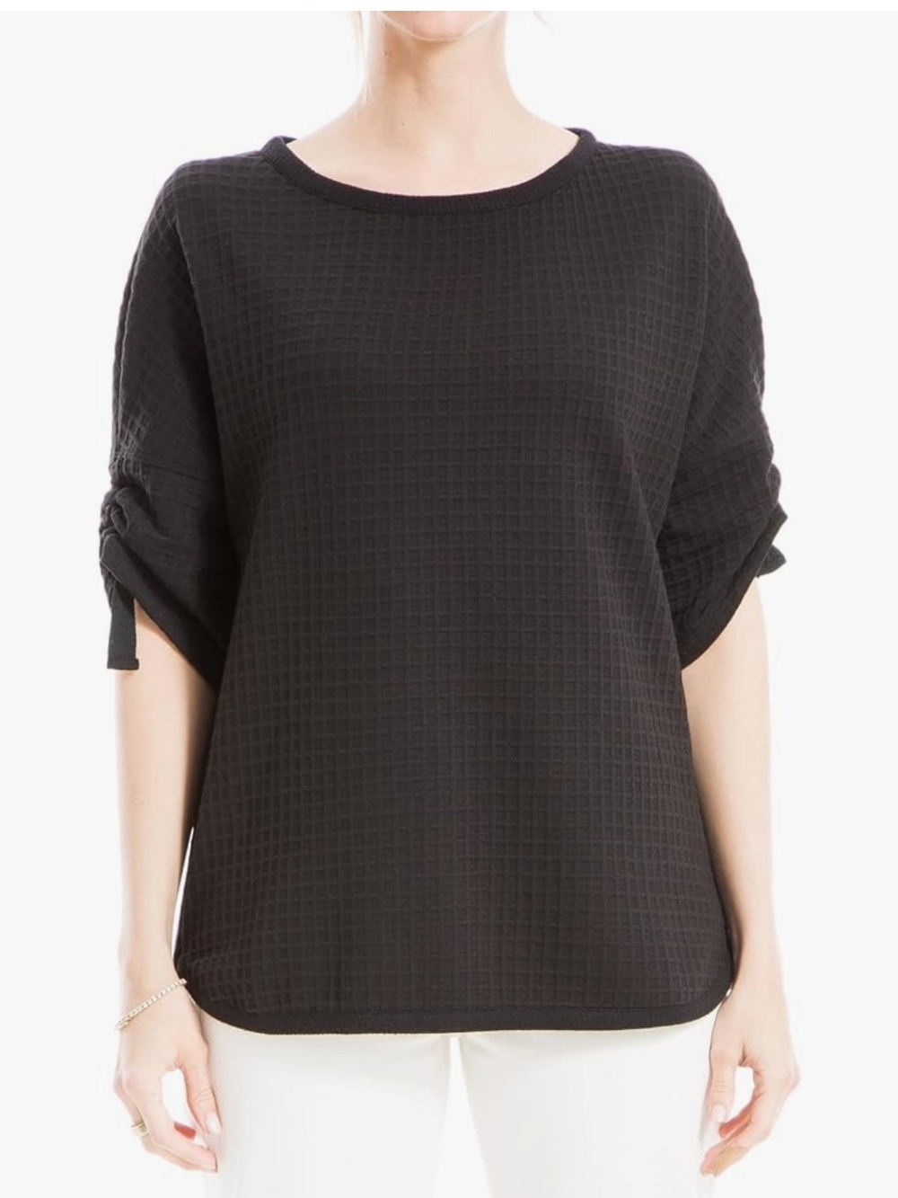 Max Studio Black Textured Ruched Elbow Sleeve Top